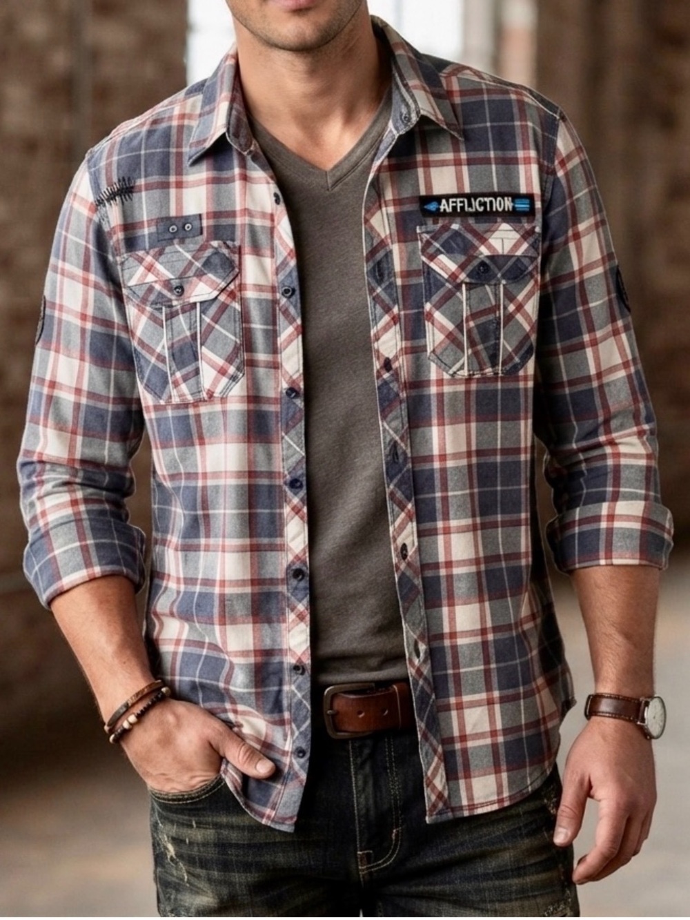 Affliction, black premium, limited edition, long sleeve plaid shirt. Size XL‎
